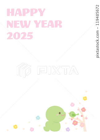 2025蛇年賀年片素材可愛蛇、鶯、梅花06 119485672