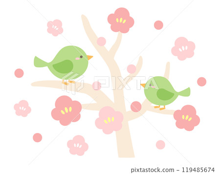可愛的鶯和梅花的向量圖 119485674