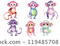 watercolor set illustration of wild monkey in jungle isolated on white background 119485708