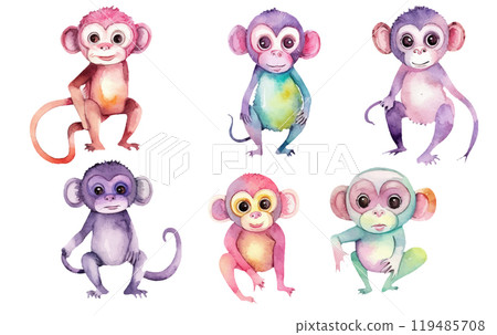 watercolor set illustration of wild monkey in jungle isolated on white background watercolor set illustration of wild monkey in jungle isolated on white background 119485708
