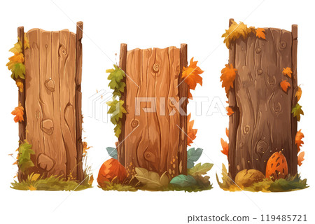 ui vector illustration of wooden board in autumn forest isolate on white background 119485721