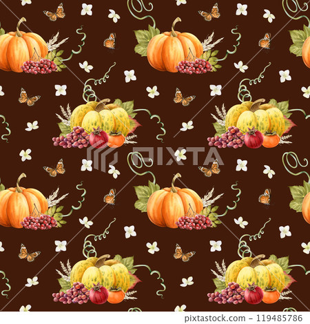 Autumn vegetables and fruits harvest with butterflies and tiny flowers watercolor seamless pattern on dark brown. Orange yellow pumpkins with grapes, rowanberries and pomegranate. Fall farm background 119485786