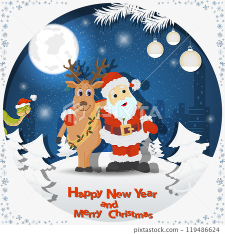 Illustration of the New Year and Christmas A deer and Santa hugging among the fir trees in the snow in a clearing 119486624