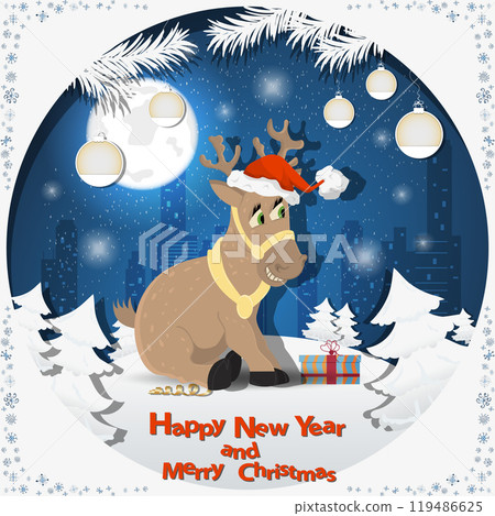 Illustration of the New Year and Christmas A deer in a Santa hat among the fir trees in the snow in a clearing Illustration of the New Year and Christmas A deer in a Santa hat among the fir trees in the snow in a clearing 119486625