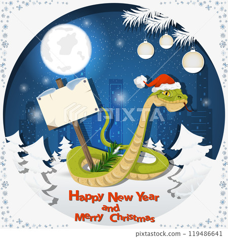 Illustration of the New Year and Christmas A snake holding a wooden sign at night among the fir trees in the snow in a clearing 119486641
