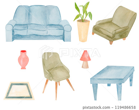 Watercolor living room Set with chair, table, sofa, lamp, and flower for home design Watercolor living room Set with chair, table, sofa, lamp, and flower for home design 119486658