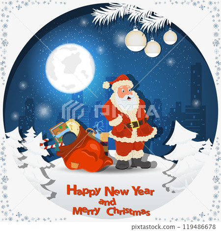 Illustration of the New Year and Christmas Santa Claus stands next to a bag of gifts among the fir trees in the snow in a clearing Illustration of the New Year and Christmas Santa Claus stands next to a bag of gifts among the fir trees in the snow in a clearing 119486678