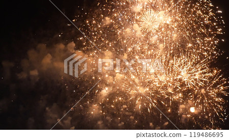 Golden Firework celebrate anniversary independence day night time celebrate national holiday. Countdown to new year 2023 party time event. Happy new year 2023, 4th of july holiday festival concept 119486695