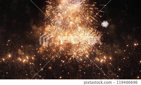 Golden Firework celebrate anniversary happy new year 2023, 4th of july holiday festival. Gold firework in the night time celebrate national holiday. Countdown to new year 2023 gold party time event 119486696