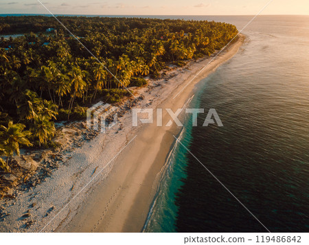 Drone view of Maldives beach with palms trees and sunset or sunrise sunlight. 119486842