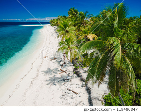 Maldives islands and ocean with tropical beach and coconut palm trees 119486847