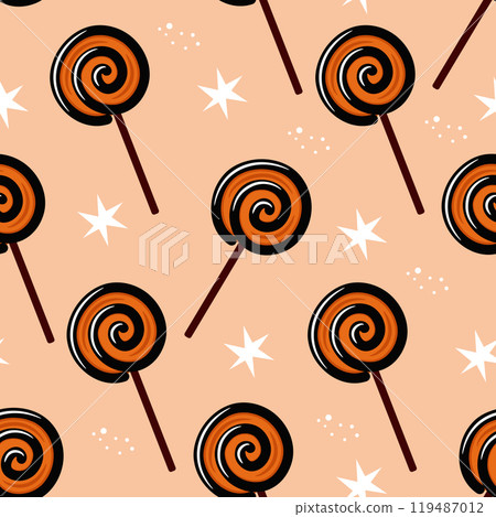 Seamless pattern with lollipops on pink background. Halloween sweets vector background 119487012