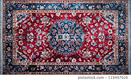Persian rug with geometric patterns and floral medallion Persian rug with geometric patterns and floral medallion 119487026