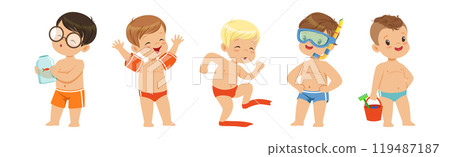 Cute Kids at Beach and Seaside Have Summer Vacation Vector Set Cute Kids at Beach and Seaside Have Summer Vacation Vector Set 119487187