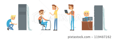 Funny Male Sysadmin Character Work with Server Vector Set 119487282