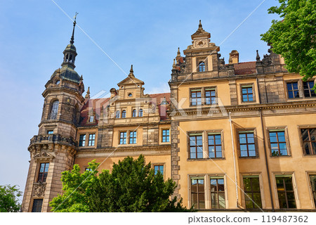 Historic Kunstbibliothek building surrounded by lush greenery on sunny day. Classical architecture in Dresden, Germany 119487362