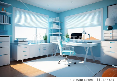 A modern, comfortable home office with a desk and a computer in a light blue tone 119487385