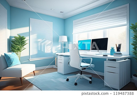 A modern, comfortable home office with a desk and a computer in a light blue tone 119487388
