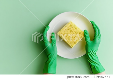 Hands in green gloves placing a bright yellow sponge on a white plate against a green background 119487567