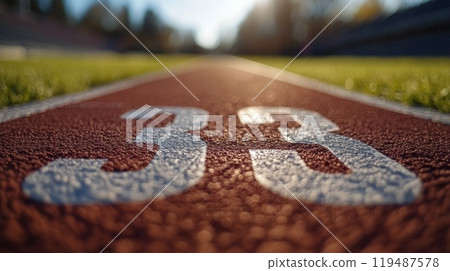 Runner on a track during sunset with a blurred focus on numbered lane markings and nature 119487578