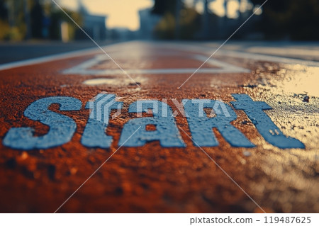 Close up of a weathered track start line marked on a red surface during early morning light Close up of a weathered track start line marked on a red surface during early morning light 119487625