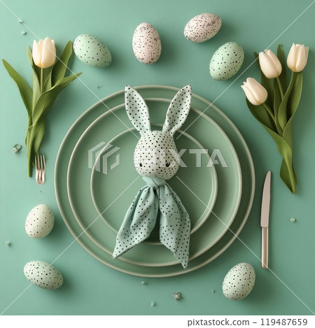 Decoratively arranged Easter table setting featuring bunny decor and pastel colored eggs 119487659
