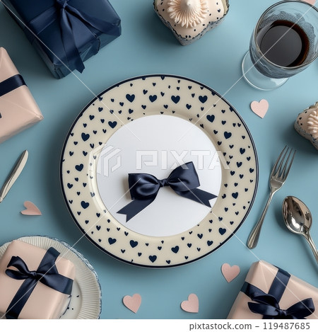 Elegant table setting with heart themed decor for a romantic dinner on a blue background 119487685