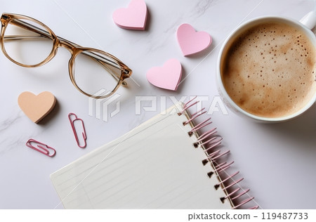 A cozy workspace setup with glasses, a notebook, coffee, and heart shaped decorations 119487733