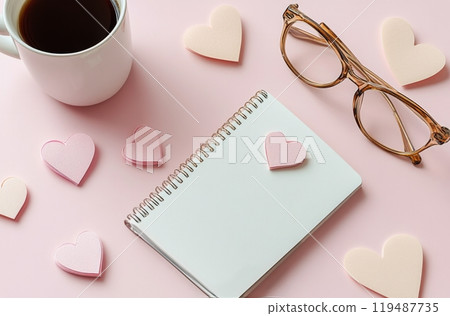 A cozy workspace setup with glasses, a notebook, coffee, and heart shaped decorations 119487735