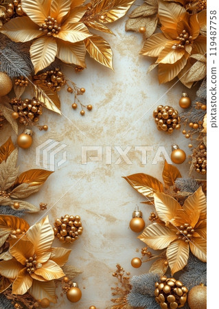 Elegant holiday wreath adorned with golden accents and festive flowers 119487758