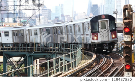 New York subway station. Metro train on metropolitan platform, United states public transportation. 119487880