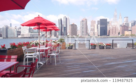 New York City waterfront skyline, Manhattan Midtown riverfront skyscrapers. Cityscape from Queens. New York City waterfront skyline, Manhattan Midtown riverfront skyscrapers. Cityscape from Queens. 119487925