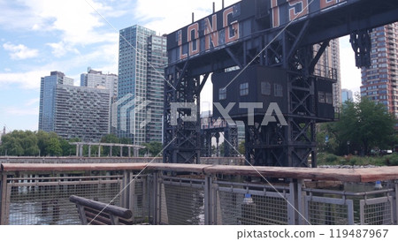 New York City Gantry Plaza old dock pier, Long Island sign, Hunters Point, Queens, United States. 119487967