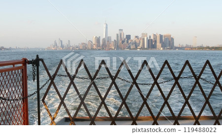 New York City skyline from ferry boat to Staten Island. Manhattan downtown, World Trade Center, USA. 119488022