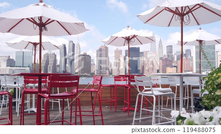 New York City waterfront skyline, Manhattan Midtown riverfront skyscrapers. Cityscape from Queens. 119488075
