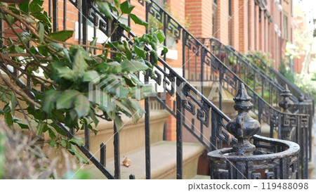 New York City townhouse building, Brooklyn Heights residential brownstone house architecture in USA. New York City townhouse building, Brooklyn Heights residential brownstone house architecture in USA. 119488098