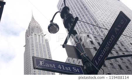 New York City crossroad, street intersection road sign. Chrysler building, Midtown Lexington avenue. 119488114