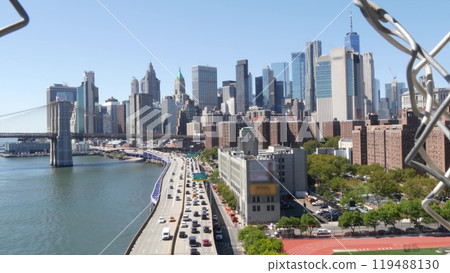 Brooklyn Bridge from Manhattan Bridge. New York City downtown skyline, financial district cityscape. Brooklyn Bridge from Manhattan Bridge. New York City downtown skyline, financial district cityscape. 119488130