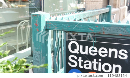 New York subway sign, Queens underground metro station. Metropolitan entrance, public transport exit New York subway sign, Queens underground metro station. Metropolitan entrance, public transport exit 119488134