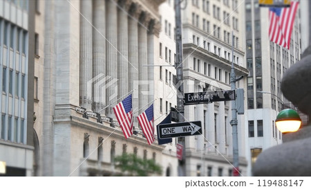 New York Manhattan Downtown Financial District, USA. American Wall street. Stock Exchange. Road sign New York Manhattan Downtown Financial District, USA. American Wall street. Stock Exchange. Road sign 119488147