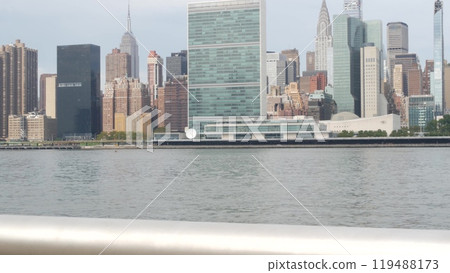 New York City waterfront skyline, Manhattan Midtown riverfront skyscrapers. Cityscape from Queens. 119488173