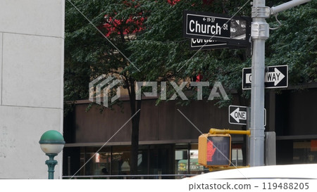 New York City crossroad, Church street intersection road sign. Subway globe, metro entrance orb lamp 119488205