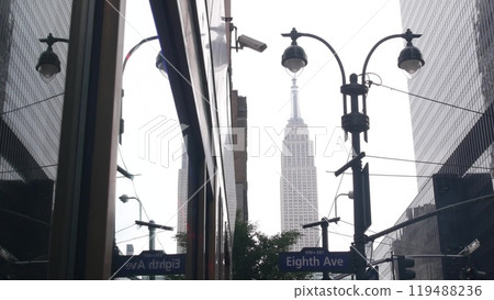 New York City crossroad, street intersection road sign. Empire State building, Midtown, 34, 8 avenue 119488236