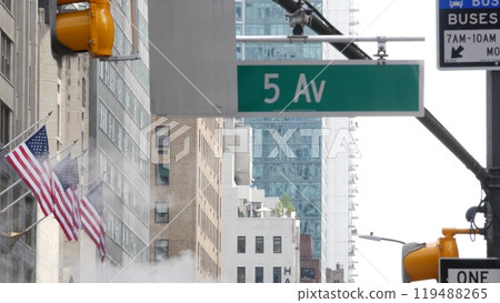 Fifth avenue, 5 ave road sign, Manhattan midtown architecture, New York City 5th av street corner. 119488265