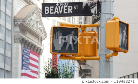 New York Manhattan Downtown Financial District, USA. American Wall street. Stock Exchange. Road sign 119488271