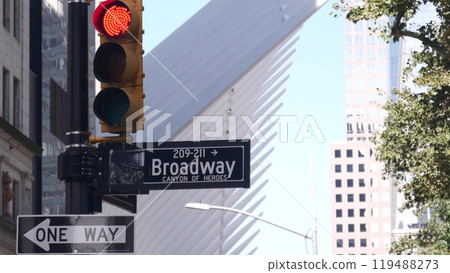 Broadway street road sign, Manhattan architecture, New York City. Traffic signage of street name. 119488273