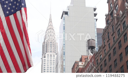 New York, american flag waving. Chrysler building. Manhattan midtown city street banner, patriotism. 119488275