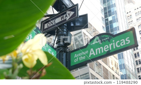 New York City crossroad, street intersection road sign. 6 Sixth ave, Americas avenue. Bryant park. New York City crossroad, street intersection road sign. 6 Sixth ave, Americas avenue. Bryant park. 119488290