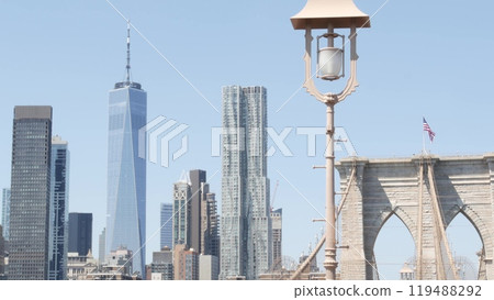 Brooklyn Bridge to Manhattan downtown. New York City skyline cityscape. World Trade Center, USA. Brooklyn Bridge to Manhattan downtown. New York City skyline cityscape. World Trade Center, USA. 119488292