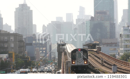 New York subway station. NYC metro train. United states metropolitan. Manhattan skyline. Empire State New York subway station. NYC metro train. United states metropolitan. Manhattan skyline. Empire State 119488301